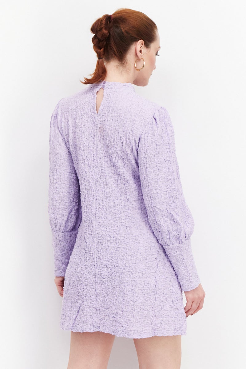 YAS Women Petite Textured Bishop Long Sleeve Mini Dress, Lilac - Image 4