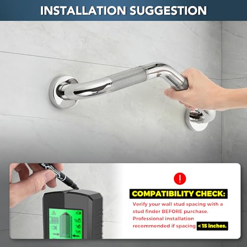 JOY DECOR Grab Bars for Bathtubs and Showers- 1-1/4 x 16 Angled Shower Grab Bar for Seniors Knurled Stainless Steel Handicap Grab Bars for Wall, 15" Hole Center (Polished Nickel, 1 Pack) - Image 2