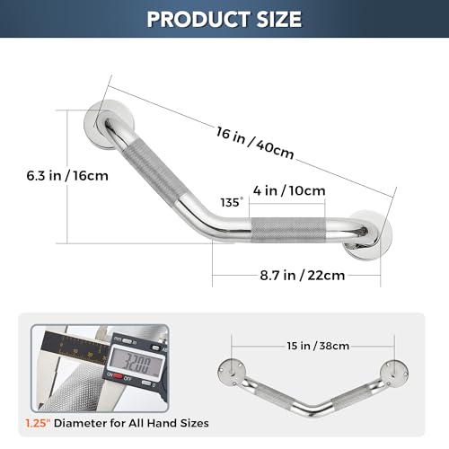 JOY DECOR Grab Bars for Bathtubs and Showers- 1-1/4 x 16 Angled Shower Grab Bar for Seniors Knurled Stainless Steel Handicap Grab Bars for Wall, 15" Hole Center (Polished Nickel, 1 Pack) - Image 3