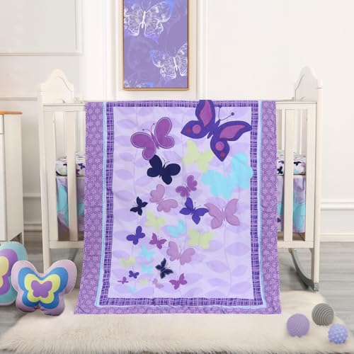 Wowelife Butterfly Crib Bedding Set for Girls 3 Piece Baby Girl Bedding Sets Purple Nursery Crib Sets Newborn, Infant &Toddler Include Quilted Comforter,Crib Skirt and Fitted Sheet, Purple - Image 1