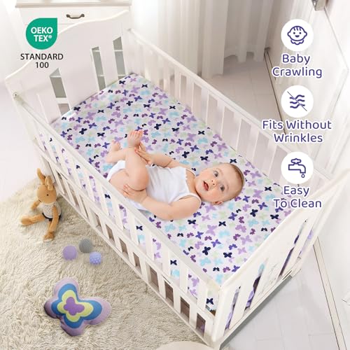 Wowelife Butterfly Crib Bedding Set for Girls 3 Piece Baby Girl Bedding Sets Purple Nursery Crib Sets Newborn, Infant &Toddler Include Quilted Comforter,Crib Skirt and Fitted Sheet, Purple - Image 5