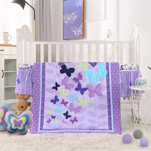 Wowelife Butterfly Crib Bedding Set for Girls 3 Piece Baby Girl Bedding Sets Purple Nursery Crib Sets Newborn, Infant &Toddler Include Quilted Comforter,Crib Skirt and Fitted Sheet, Purple - Image 2