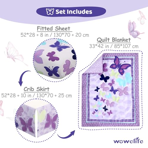 Wowelife Butterfly Crib Bedding Set for Girls 3 Piece Baby Girl Bedding Sets Purple Nursery Crib Sets Newborn, Infant &Toddler Include Quilted Comforter,Crib Skirt and Fitted Sheet, Purple - Image 3
