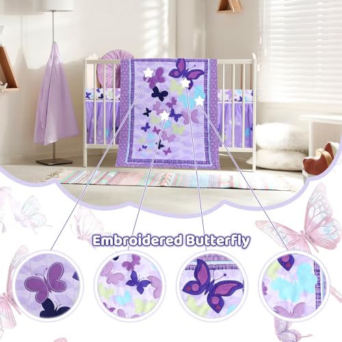 Wowelife Butterfly Crib Bedding Set for Girls 3 Piece Baby Girl Bedding Sets Purple Nursery Crib Sets Newborn, Infant &Toddler Include Quilted Comforter,Crib Skirt and Fitted Sheet, Purple - Image 4