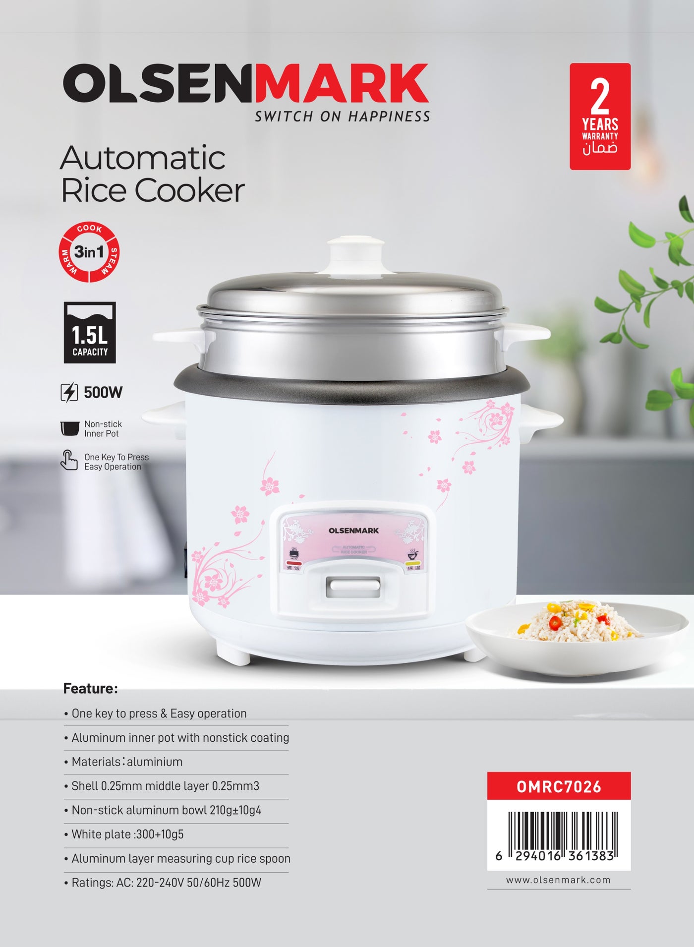 Olsenmark 1.5L Automatic Rice Cooker – 500W, 3-in-1 Cook, Steam & Keep Warm, Non-Stick Aluminum Inner Pot, Single Switch Operation, White & Pink Floral | Model OMRC7026 1.5 L 500 W OMRC7026 White and