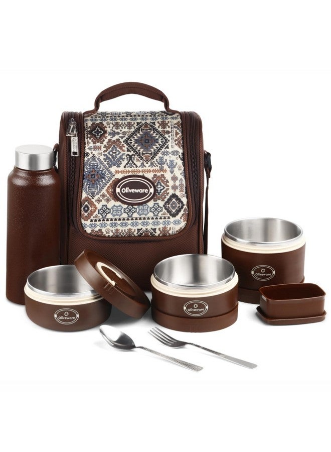 oliveware Teso Musk Lunch Box | Insulated Steel Containers | Set of 3 Containers(1x620ml, 2x420 ml) with 750ml Steel Bottle + Pickle Box | Leak-Proof & Food Grade Lunchbox-Brown - Image 1
