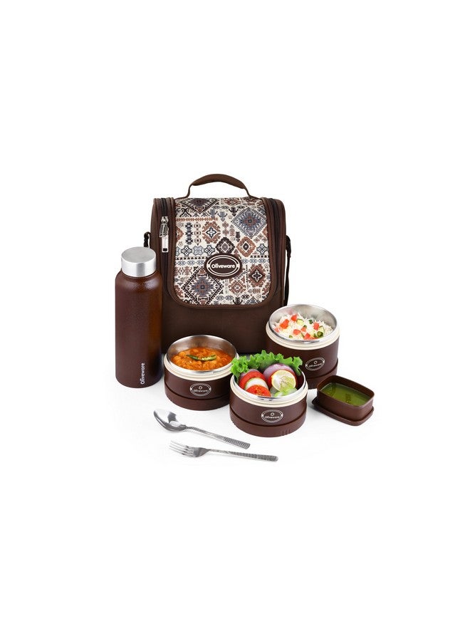 oliveware Teso Musk Lunch Box | Insulated Steel Containers | Set of 3 Containers(1x620ml, 2x420 ml) with 750ml Steel Bottle + Pickle Box | Leak-Proof & Food Grade Lunchbox-Brown - Image 5