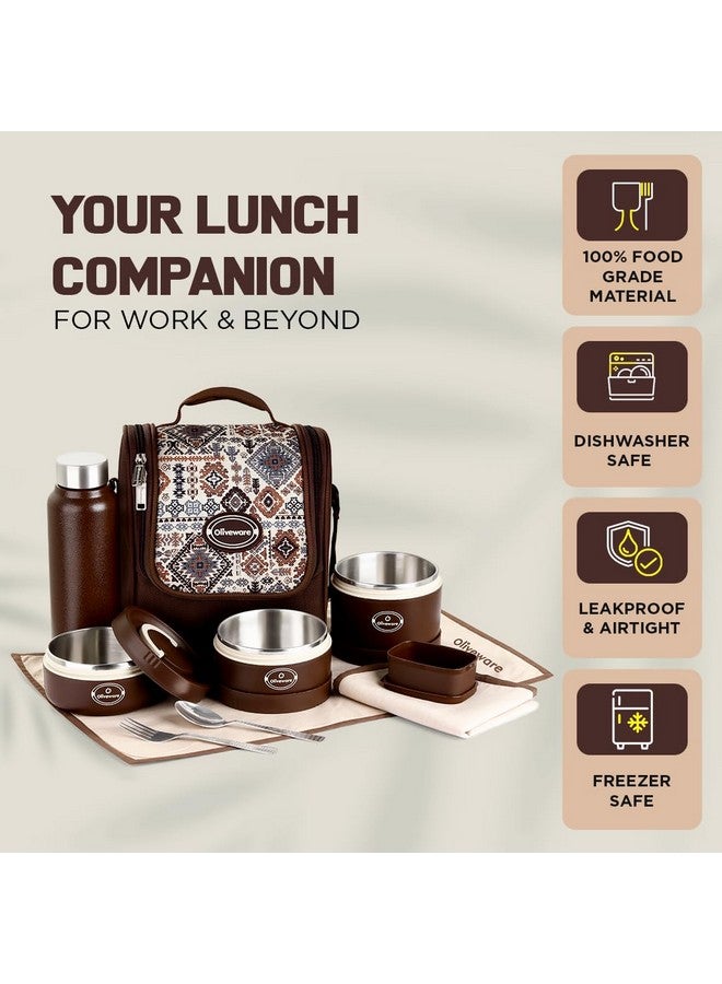 oliveware Teso Musk Lunch Box | Insulated Steel Containers | Set of 3 Containers(1x620ml, 2x420 ml) with 750ml Steel Bottle + Pickle Box | Leak-Proof & Food Grade Lunchbox-Brown - Image 4