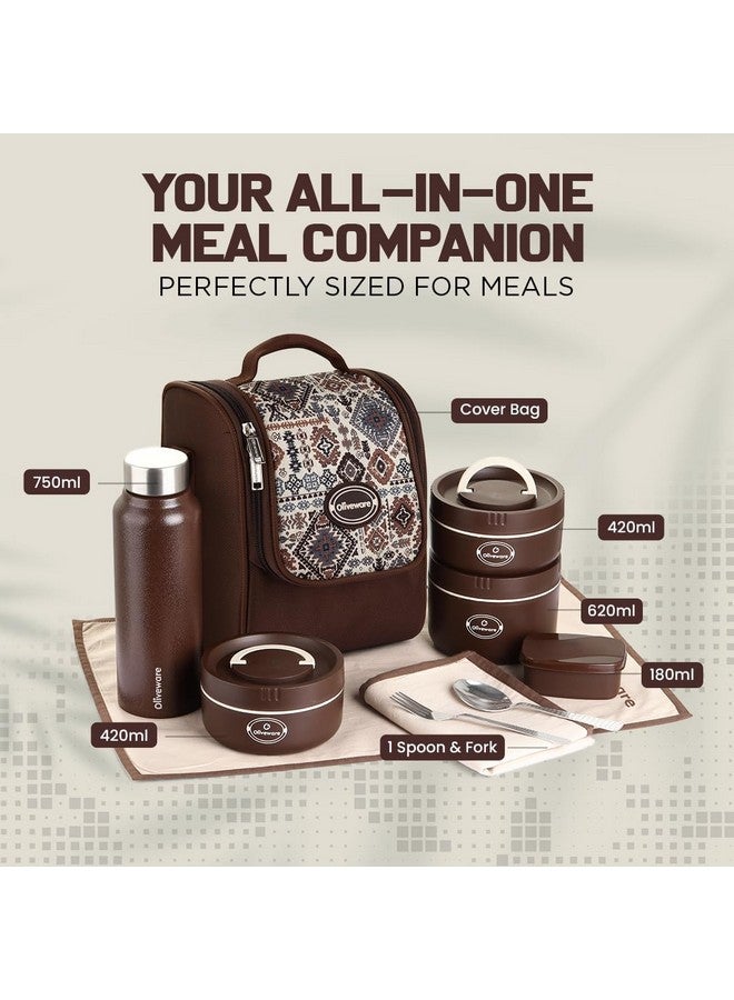 oliveware Teso Musk Lunch Box | Insulated Steel Containers | Set of 3 Containers(1x620ml, 2x420 ml) with 750ml Steel Bottle + Pickle Box | Leak-Proof & Food Grade Lunchbox-Brown - Image 3