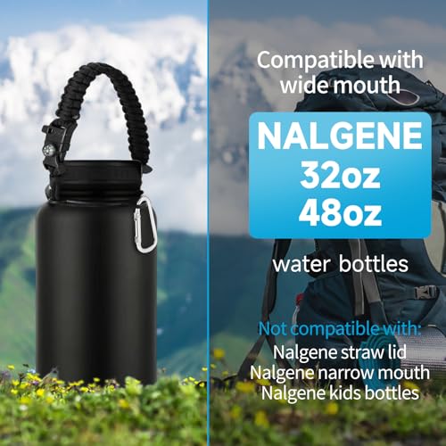 SMLBJUTE Water Bottle Handle Strap Paracord Handle Strap Cord with Carabiner Fits Wide Mouth Bottles 12oz to 64oz (1 Pack Black with Compass and Whistle) - Image 2