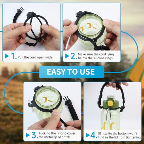 SMLBJUTE Water Bottle Handle Strap Paracord Handle Strap Cord with Carabiner Fits Wide Mouth Bottles 12oz to 64oz (1 Pack Black with Compass and Whistle) - Image 5