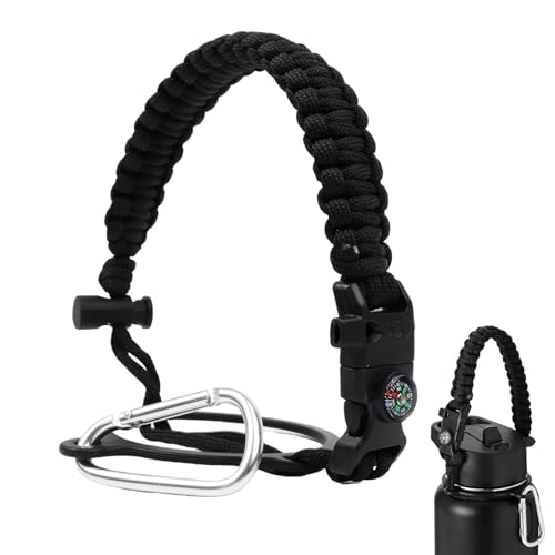 SMLBJUTE Water Bottle Handle Strap Paracord Handle Strap Cord with Carabiner Fits Wide Mouth Bottles 12oz to 64oz (1 Pack Black with Compass and Whistle) - Image 1