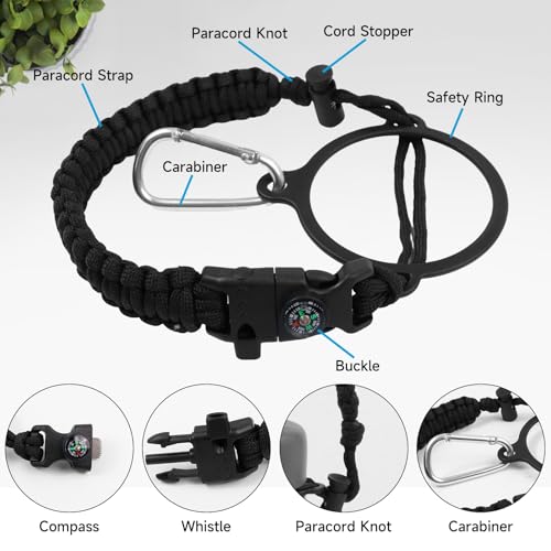 SMLBJUTE Water Bottle Handle Strap Paracord Handle Strap Cord with Carabiner Fits Wide Mouth Bottles 12oz to 64oz (1 Pack Black with Compass and Whistle) - Image 3