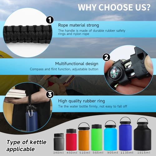 SMLBJUTE Water Bottle Handle Strap Paracord Handle Strap Cord with Carabiner Fits Wide Mouth Bottles 12oz to 64oz (1 Pack Black with Compass and Whistle) - Image 4