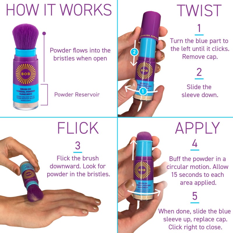 Brush On Block BOB KIDS SPF 30 Brush On Mineral Powder Sunscreen, Broad Spectrum, Water Resistant 80 Mins, Easy to Apply for Kids and Babies, Mfg in USA - Image 5