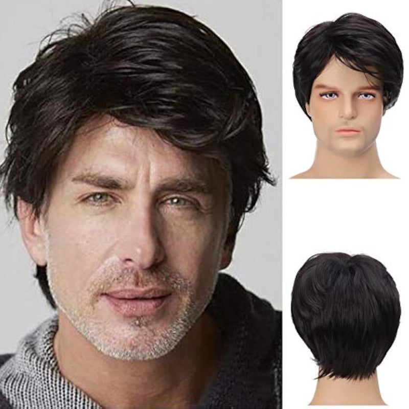 Wiwige Mens Black Wig Short Layered Synthetic Hair Wigs Heat Resistant Cosplay Halloween Party for Male