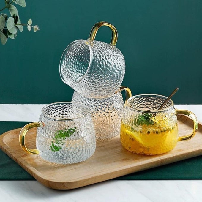 GOLDEN HANDLE TEA AND COFFEE GLASS CUP GREEN TEA MUG WATER JUICE CUPCOFFEE MUG SETSOUP MUG SET OF 6410ML