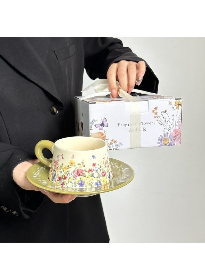 AceLuste Vintage Ceramic Coffee Cup and Saucer Gift Set, 300ml Large Capacity Coffee Cup Set with Gift Box, Saucer & Spoon, Elegant Floral Hand-Painted Design, Perfect for Coffee，Tea and Espresso Lovers, Best Gift for Family and Friends Any Occasions - Image 2
