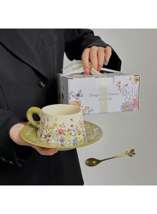 AceLuste Vintage Ceramic Coffee Cup and Saucer Gift Set, 300ml Large Capacity Coffee Cup Set with Gift Box, Saucer & Spoon, Elegant Floral Hand-Painted Design, Perfect for Coffee，Tea and Espresso Lovers, Best Gift for Family and Friends Any Occasions - Image 1