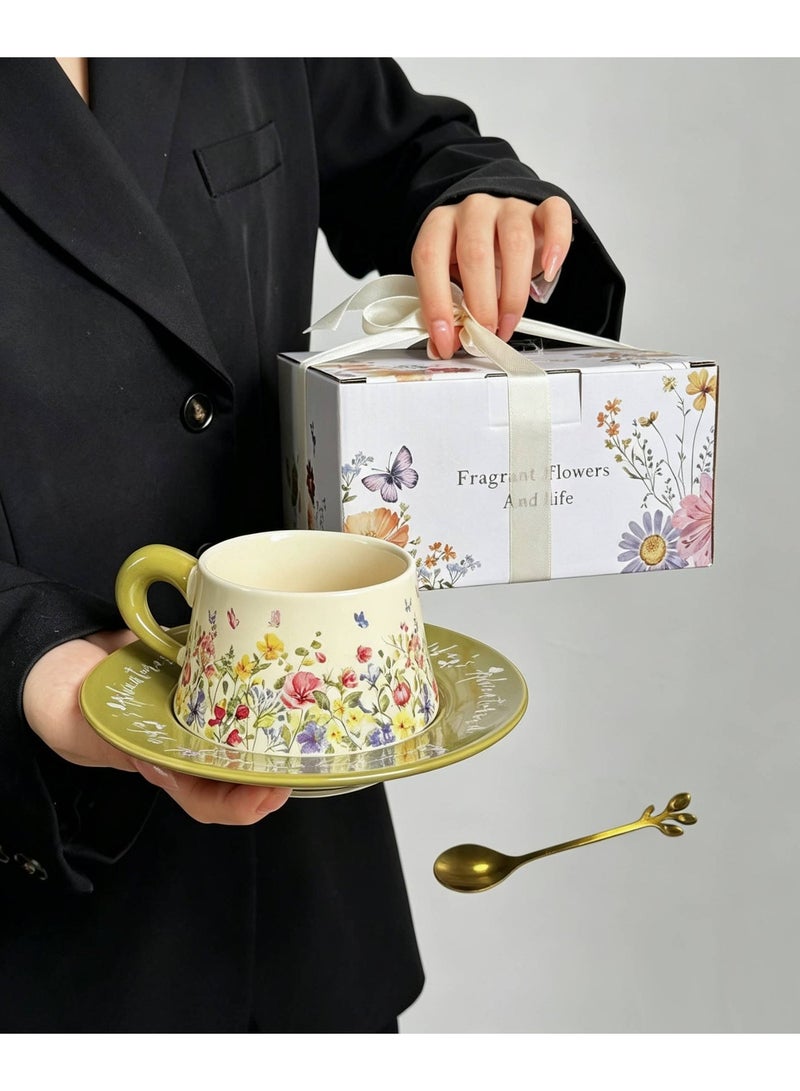 AceLuste Vintage Ceramic Coffee Cup and Saucer Gift Set, 300ml Large Capacity Coffee Cup Set with Gift Box, Saucer & Spoon, Elegant Floral Hand-Painted Design, Perfect for Coffee，Tea and Espresso Lovers, Best Gift for Family and Friends Any Occasions - Image 1