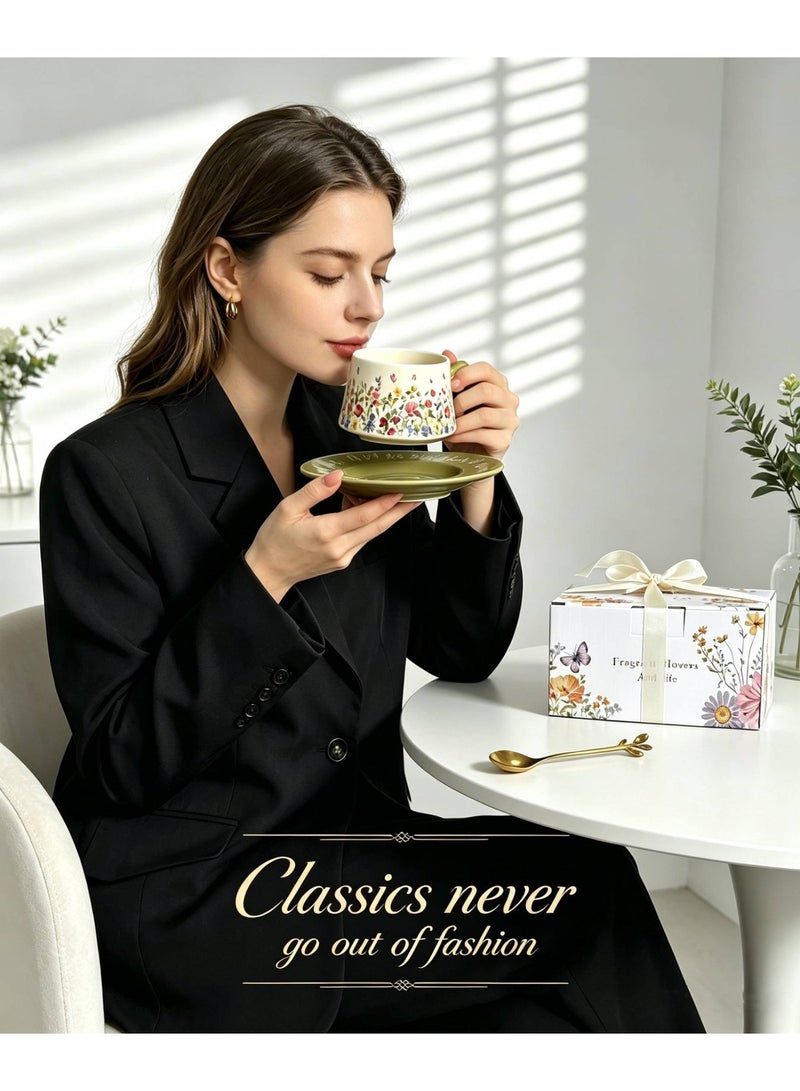 AceLuste Vintage Ceramic Coffee Cup and Saucer Gift Set, 300ml Large Capacity Coffee Cup Set with Gift Box, Saucer & Spoon, Elegant Floral Hand-Painted Design, Perfect for Coffee，Tea and Espresso Lovers, Best Gift for Family and Friends Any Occasions - Image 5