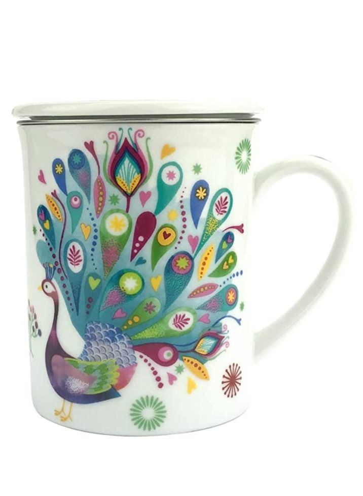 تيلاند غطاء طاووس سيراميكي آمن للغسل في الميكروويف وغسالة الأطباق مع مصفاة لشاي الأوراق السائبة مثالية للقهوة كابتشينو والإسبريسو والشاي 3 قطع - Image 1