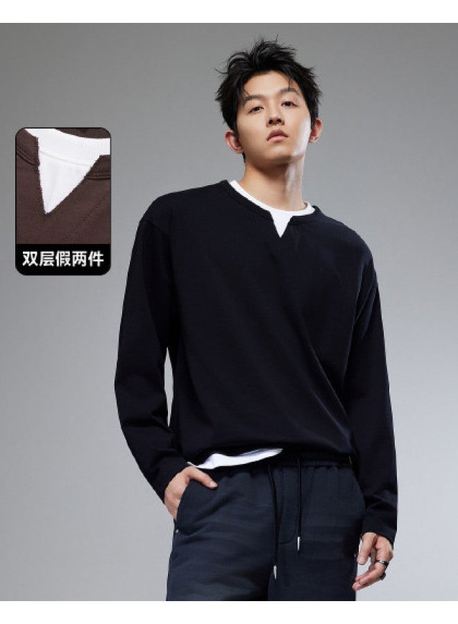 Cabbeen Men's T-shirt With False Two-piece Double-layer Collar Design, Easy To Care For, Autumn Long Sleeve T-shirt - Image 1