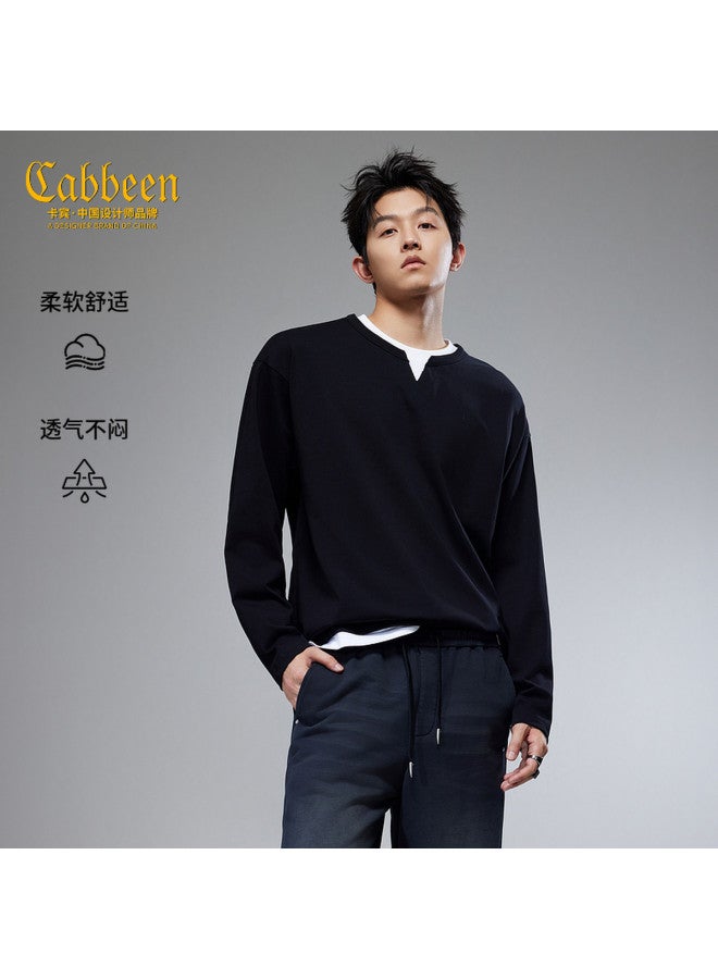 Cabbeen Men's T-shirt With False Two-piece Double-layer Collar Design, Easy To Care For, Autumn Long Sleeve T-shirt - Image 2