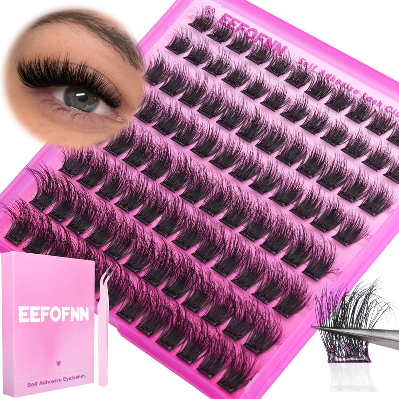 Eefofnn Self Adhesive Eyelashes Fluffy Self Adhesive Lash Clusters Pre Glue Eyelash Clusters Wispy Cluster Eyelash Extensions 10-16mm No Glue Needed Individual Lashes DIY Lash Extension Kit with Tweezers - Image 1