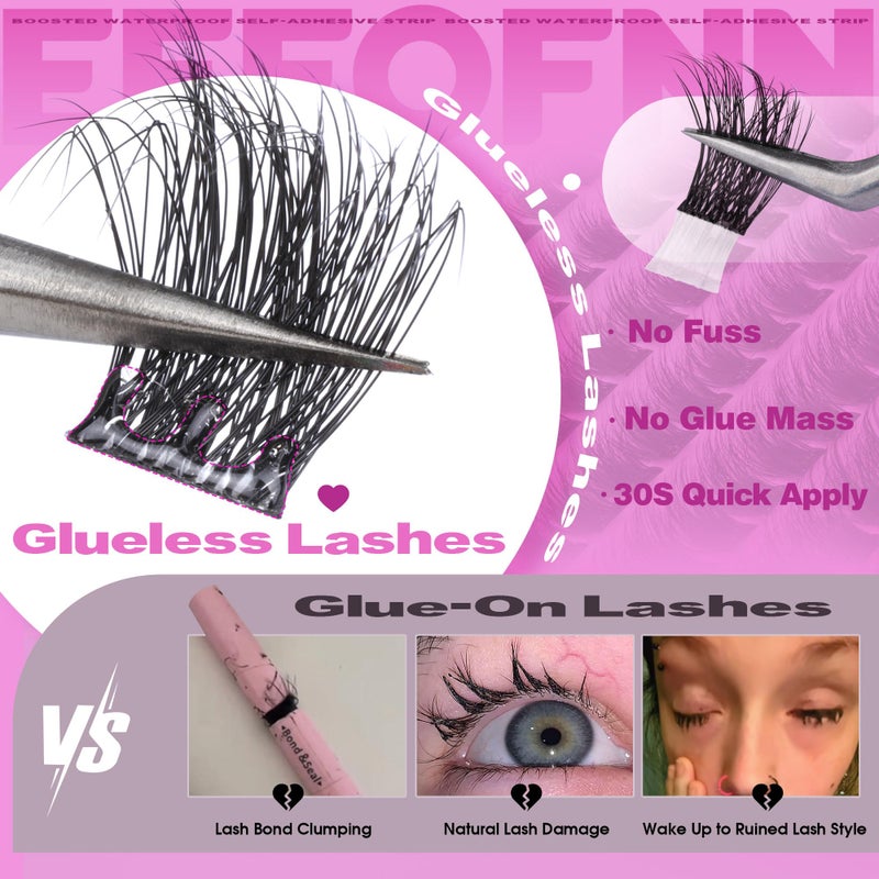 Eefofnn Self Adhesive Eyelashes Fluffy Self Adhesive Lash Clusters Pre Glue Eyelash Clusters Wispy Cluster Eyelash Extensions 10-16mm No Glue Needed Individual Lashes DIY Lash Extension Kit with Tweezers - Image 3