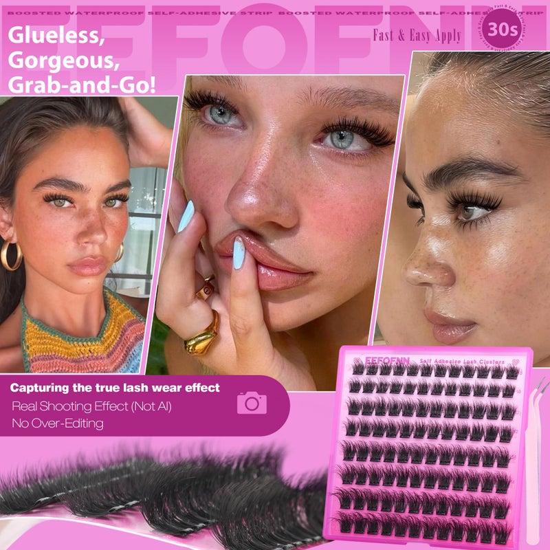 Eefofnn Self Adhesive Eyelashes Fluffy Self Adhesive Lash Clusters Pre Glue Eyelash Clusters Wispy Cluster Eyelash Extensions 10-16mm No Glue Needed Individual Lashes DIY Lash Extension Kit with Tweezers - Image 2