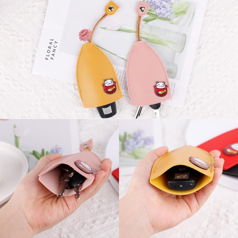 4uds Gran Capacidad Estuche para Llaves de Auto, Extraíble Soporte para Llavero con Cuerda y Cierre a Presión Lindo Gato y Pez Cuero de PU Estuche para Llaves Bolsa para Llavero (4 Colores) - Image 5