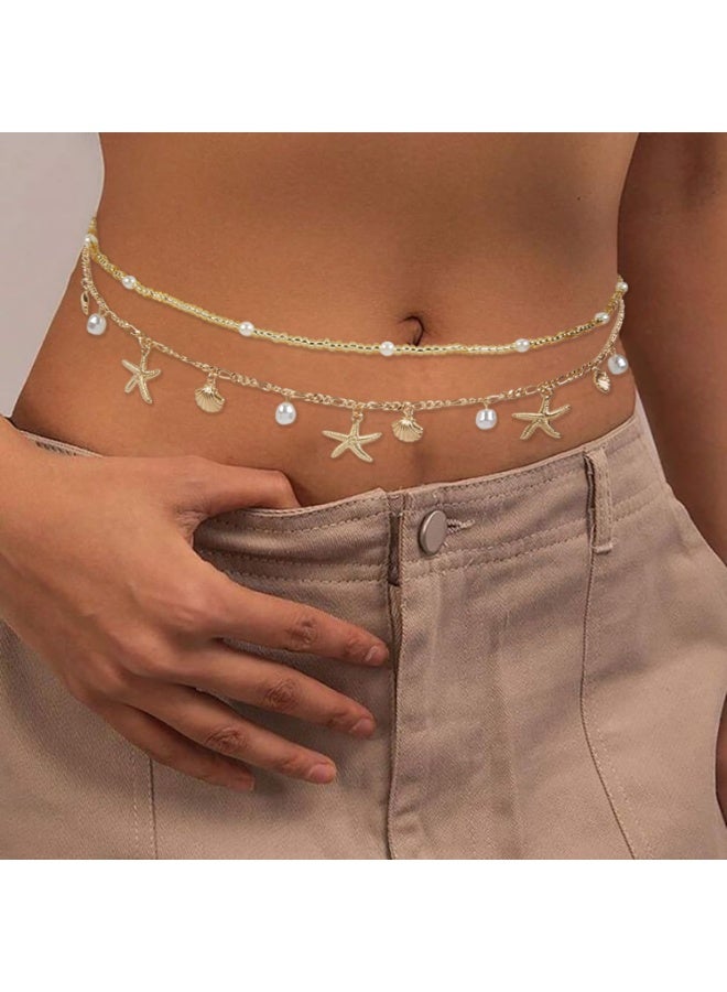 Waist Chains for Women, 2 pcs Gold Starfish & Pearl Belly Chain Body Jewelry with Dangle Charms for Beach, Bikini & Summer - Image 1