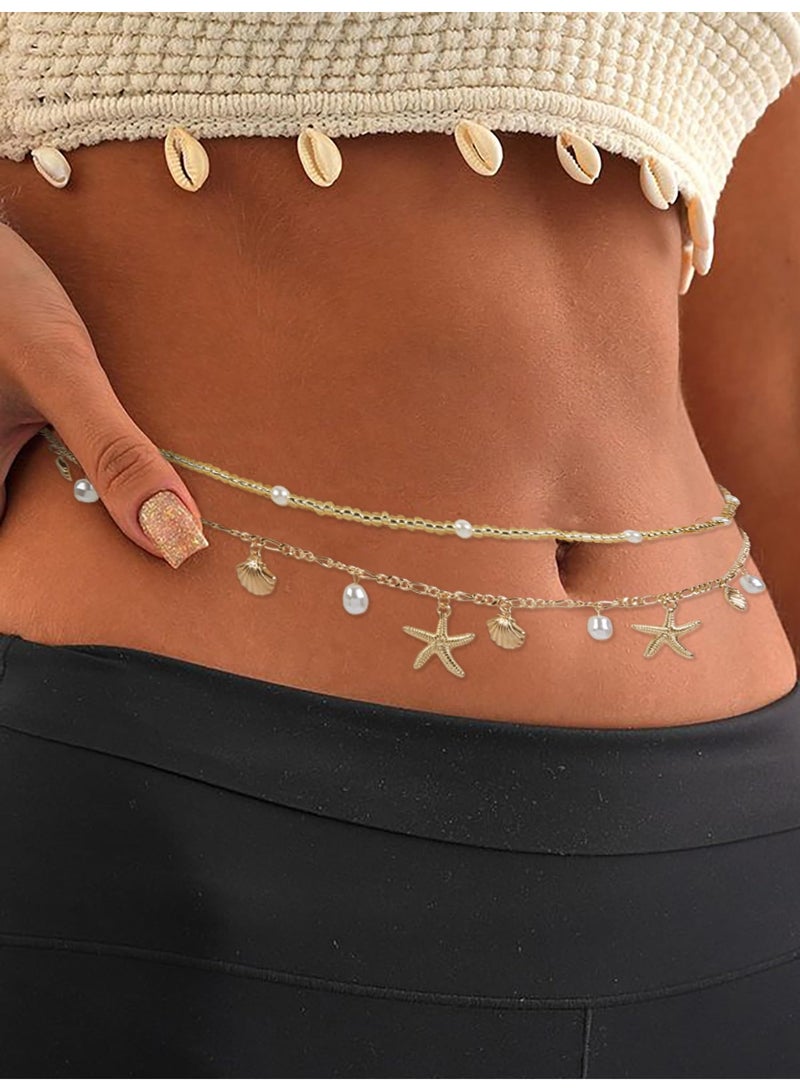 Waist Chains for Women, 2 pcs Gold Starfish & Pearl Belly Chain Body Jewelry with Dangle Charms for Beach, Bikini & Summer - Image 4