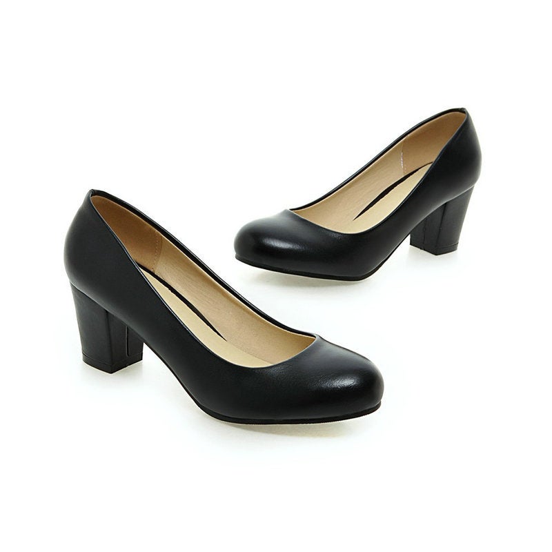 High Heels Women'S Round Toe Thick Heel Leather Work Professional Black Temperament Girl'S Waterproof Platform Spring Single Shoes - Image 1
