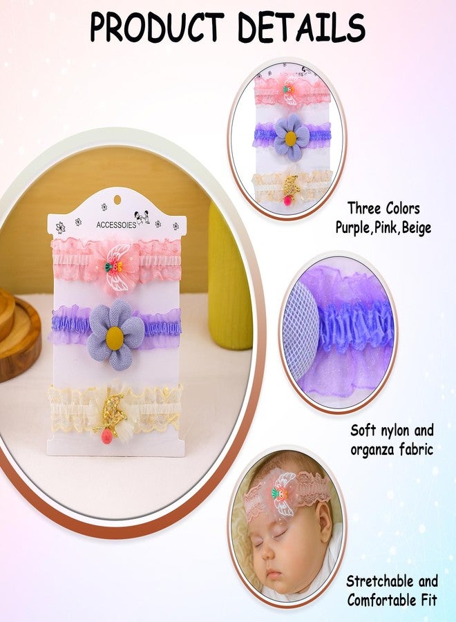 SYGA Pack of 3 Baby Headbands for Girls 0-3 Years | Soft Stretchable Lace Hairbands | Flower Design with Elastic Band | Newborn Infant Toddler Hair Accessories(STYLE-04) - Image 5