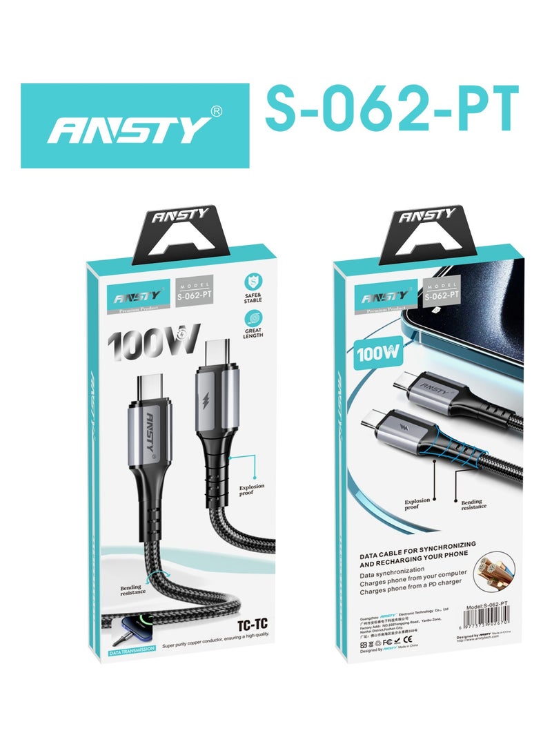 ANSTY S-062-PT 100W Type-C Cable - Ultra-Fast PD Charging for Laptops & Phones, High-Speed Data Sync, Reinforced Heavy-Duty Design - Image 3
