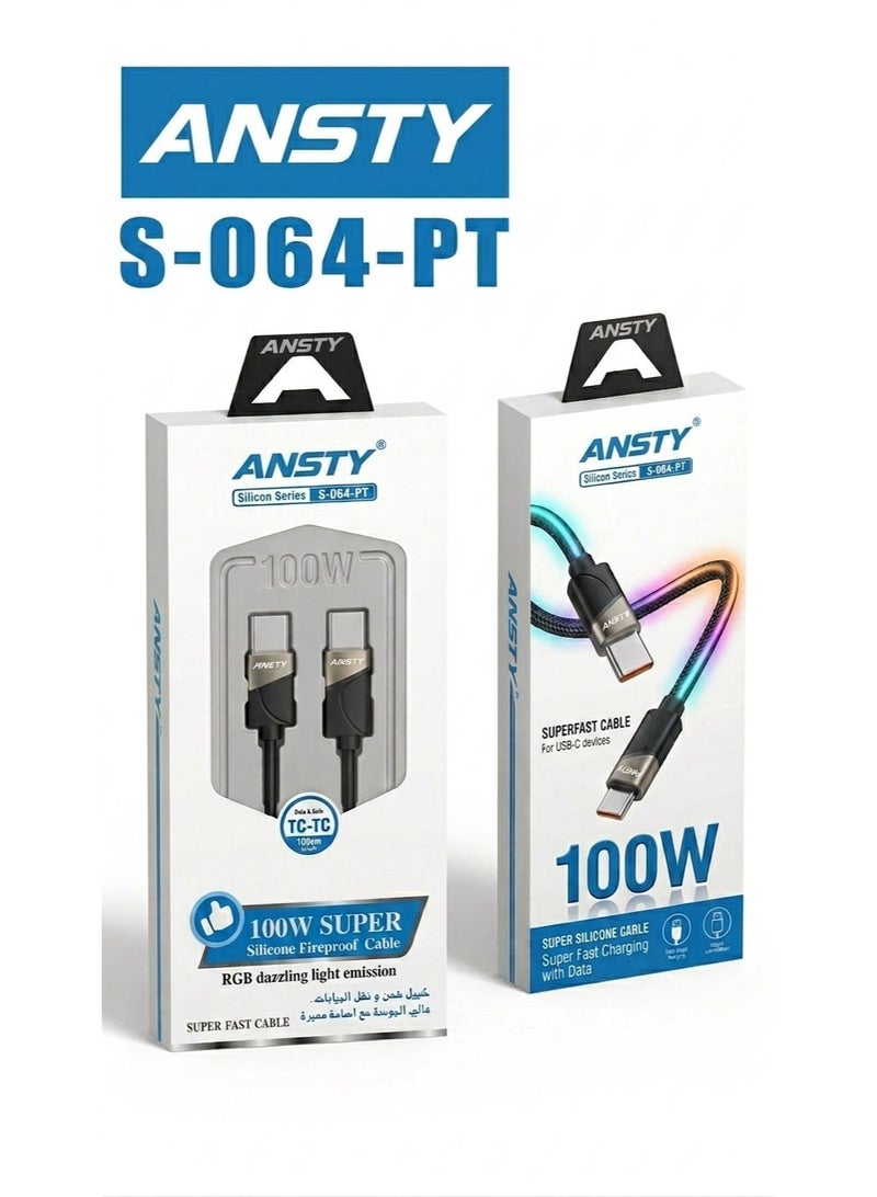 انستي ANSTY سلك فائق السرعة USB تايب-C بقدرة 100 واط (1 متر) - للشحن ونقل البيانات وسليكون مقاوم للحرائق - S-064-PT - Image 3