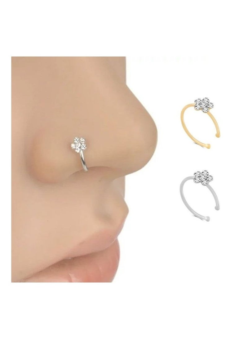 2 قطعة انفجار الأنف الدائري الأنف مسمار شفاف كريستال زهرة سحر الأنف هوب الفضة - Image 1