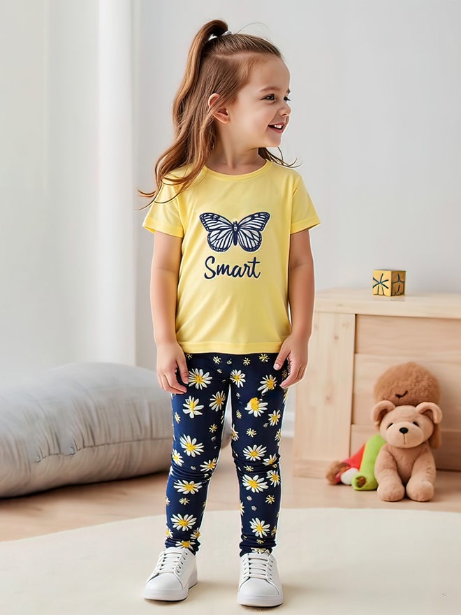 Take Two Kids 2pcs Graphic Print Short Sleeve T-Shirt and Flora Print Leggings