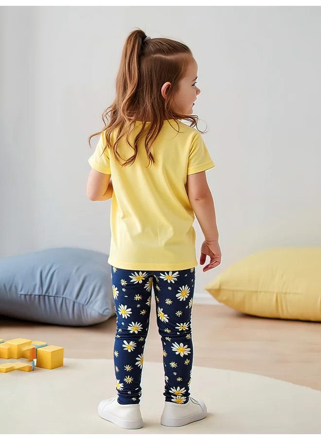 تايك تو Take Two Kids 2pcs Graphic Print Short Sleeve T-Shirt and Flora Print Leggings
