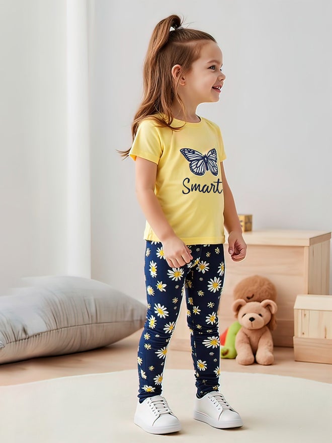 Take Two Kids 2pcs Graphic Print Short Sleeve T-Shirt and Flora Print Leggings