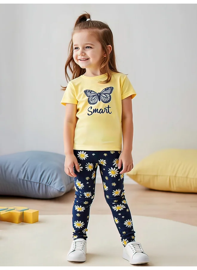 تايك تو Take Two Kids 2pcs Graphic Print Short Sleeve T-Shirt and Flora Print Leggings
