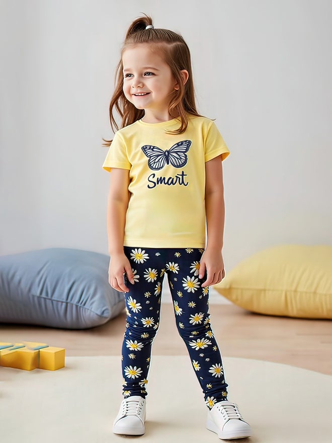 Take Two Kids 2pcs Graphic Print Short Sleeve T-Shirt and Flora Print Leggings
