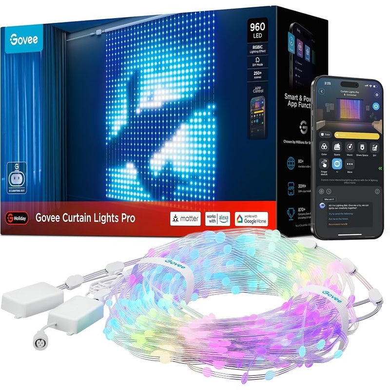 جوفي Govee Smart Curtain Lights Pro, 960 LEDs, 5.4×5.7ft for Holiday Decor - Image 1