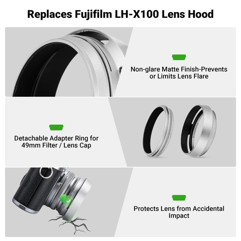JJC Lens Hood for Fujifilm Fuji X100 X100VI X100V X100F X100S X100T X70 Cameras with 49mm Adapter Ring Replaces Fujifilm LH-X100 Lens Shade and AR-X100 Adapter Ring-Silver - Image 3