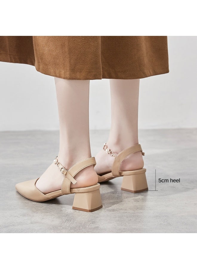 ZHR Pearl Rhinestone】elegant Pointed-toe Block Heel Closed-toe Sandals Women's Single-band Sandals Ladies Summer Sandals - Image 5