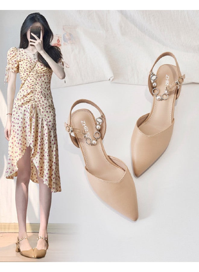 ZHR Pearl Rhinestone】elegant Pointed-toe Block Heel Closed-toe Sandals Women's Single-band Sandals Ladies Summer Sandals - Image 1