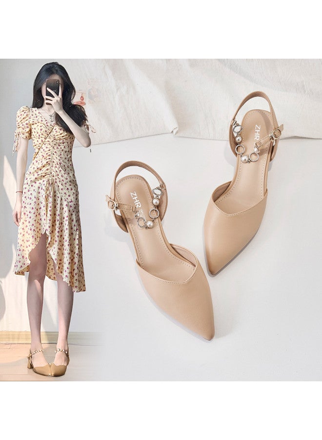 ZHR Pearl Rhinestone】elegant Pointed-toe Block Heel Closed-toe Sandals Women's Single-band Sandals Ladies Summer Sandals - Image 2