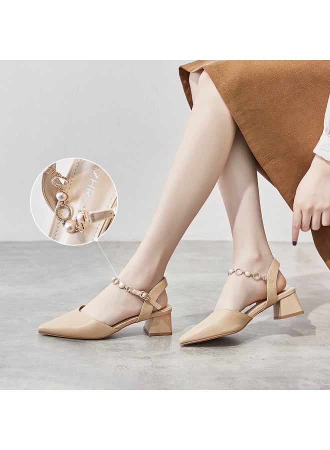 ZHR Pearl Rhinestone】elegant Pointed-toe Block Heel Closed-toe Sandals Women's Single-band Sandals Ladies Summer Sandals - Image 4